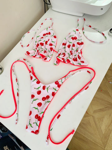 Cherry Bikini & Ruched Skirt Set