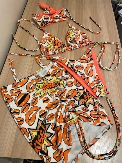 Orange Pop Art Bikini, Skirt & Headband Set
